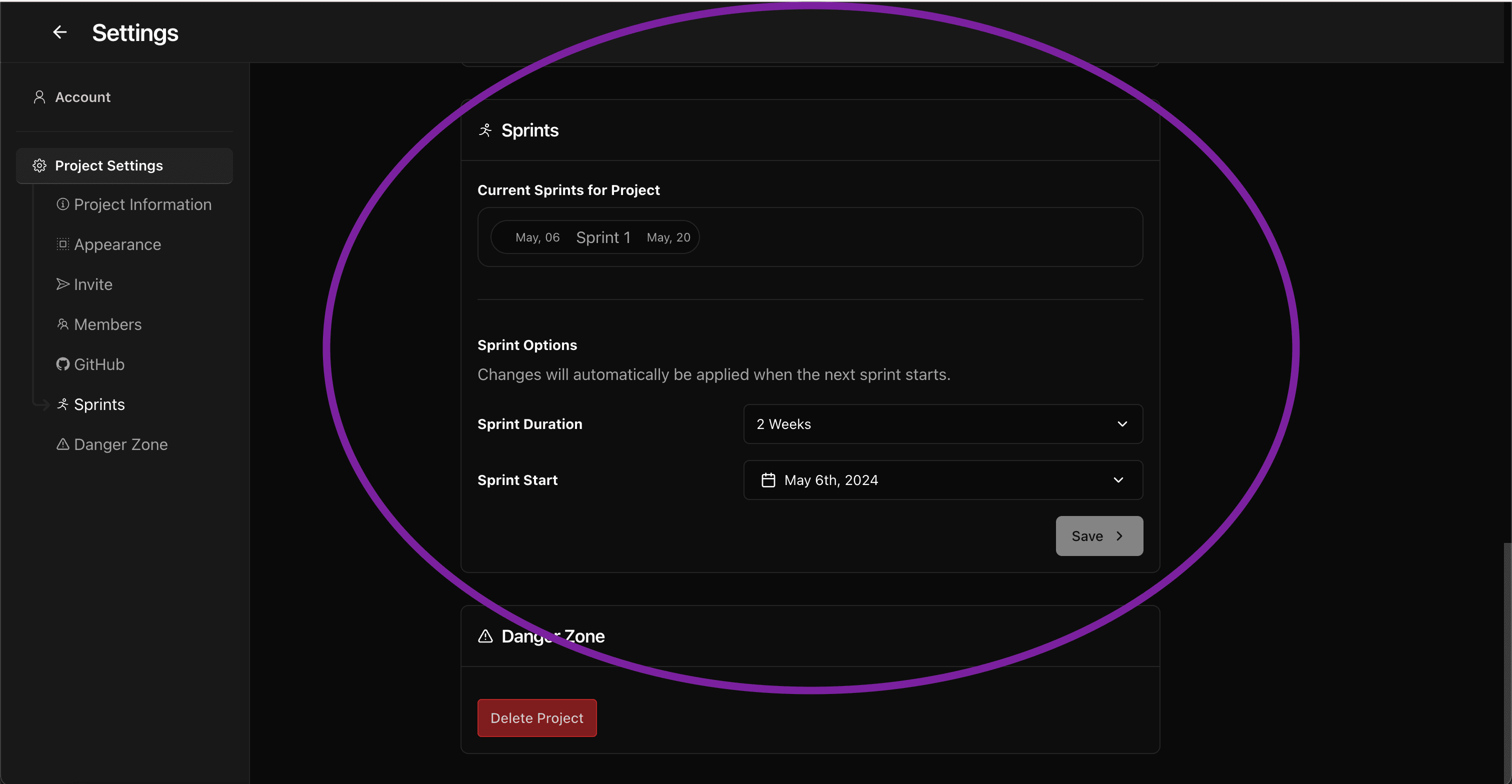 Sprint settings interface